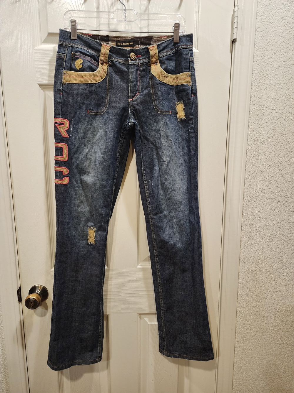 Rocawear Dark Blue Denim Bootcut Jeans with Tan Trim